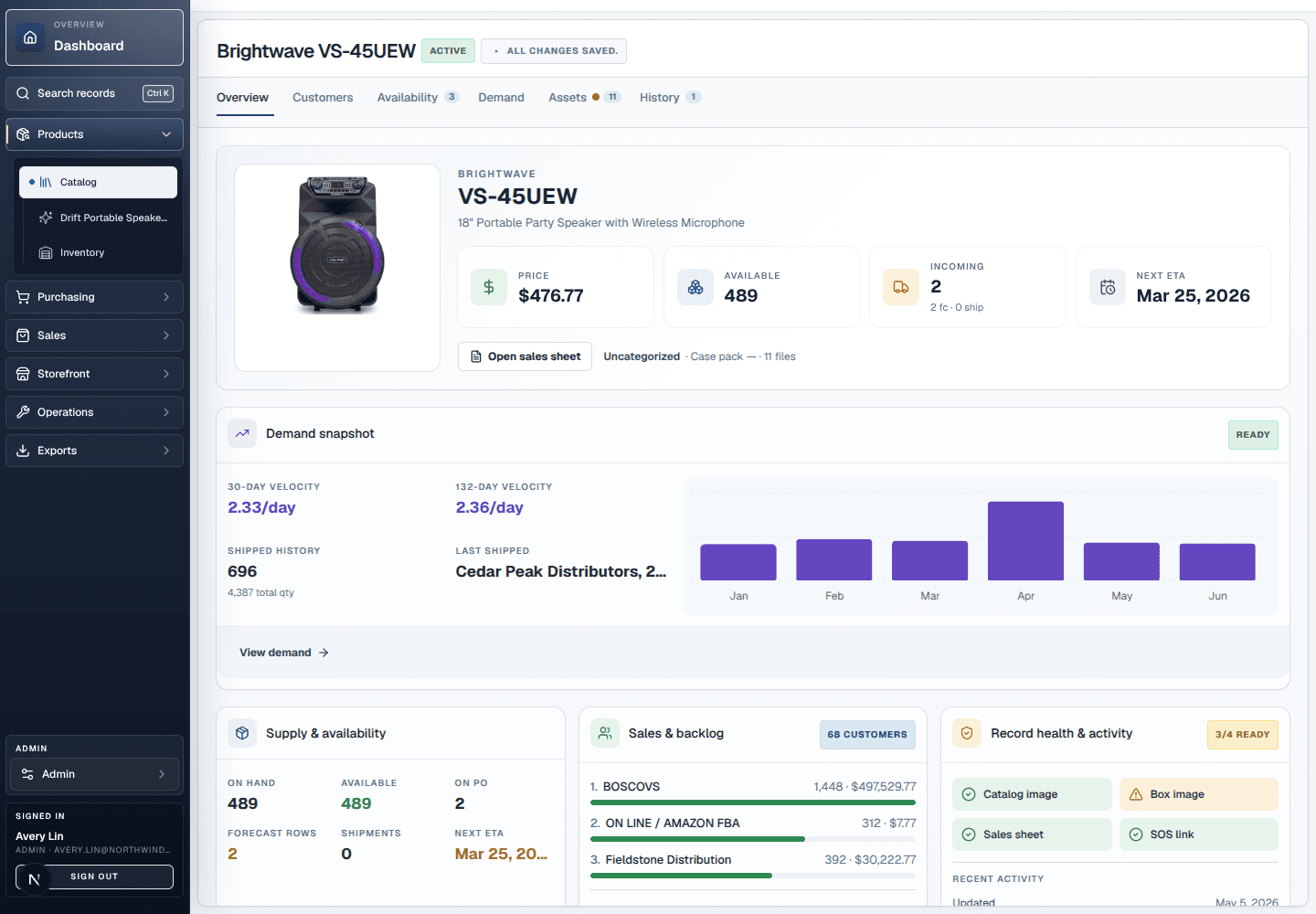 SkuOps product workspace with price, availability, incoming supply, demand snapshot, and record health.